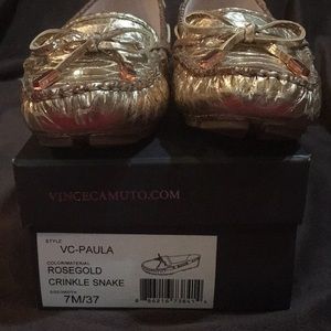 Vince Camuto rose gold crinkle snake flats.